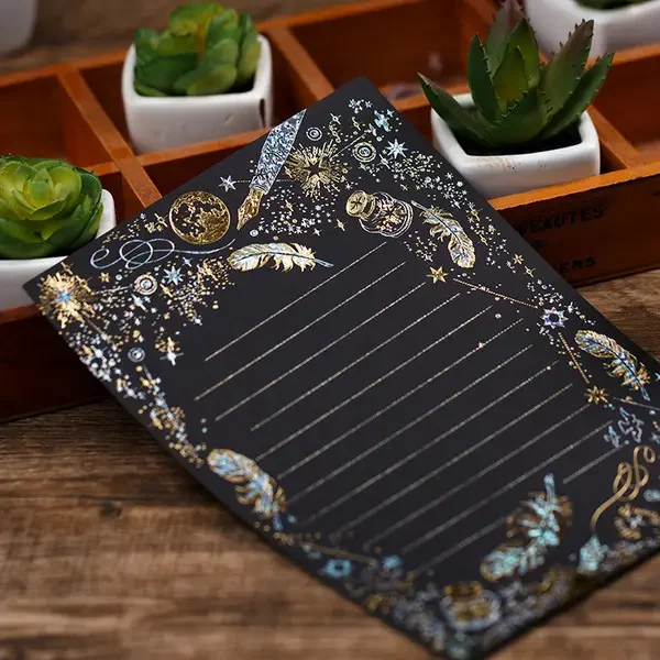 Black White Feather Letter Paper 8pcs Vintage Bronzing Letter Paper School2