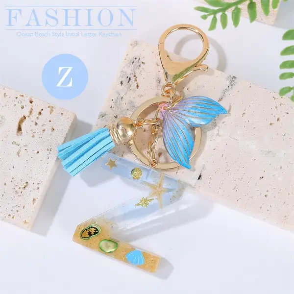 Cross-Border Ocean Style 26 Letter Keychain Summer Vacation Whale Tassel Accessories Keychain Blue Keychain 11