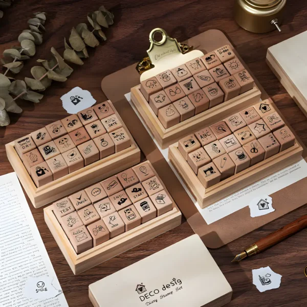 Daily Plan & Schedule Rubber Seals Cute Stationery in Wooden Box 16